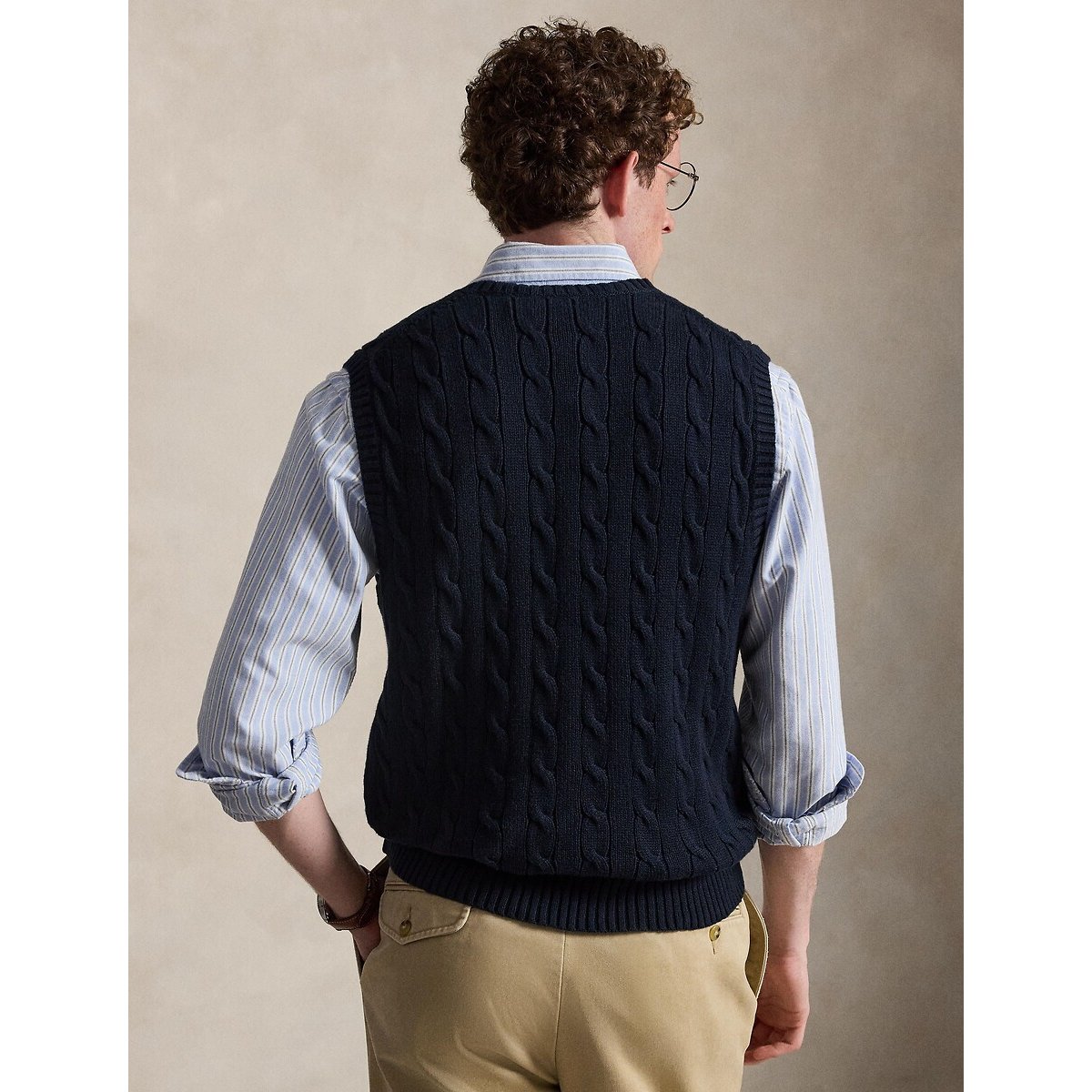 Pull sans manches, en maille torsadée bleu marine, POLO RALPH LAUREN