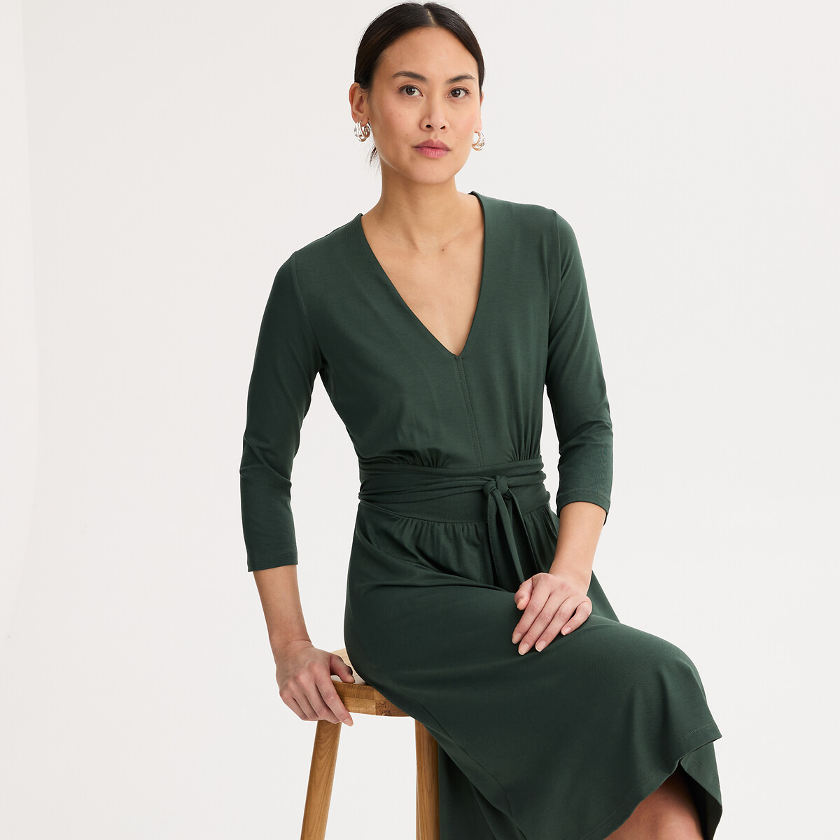 Robe évasée en maille, longueur genou, manches 3/4 vert foncé, ANNE WEYBURN