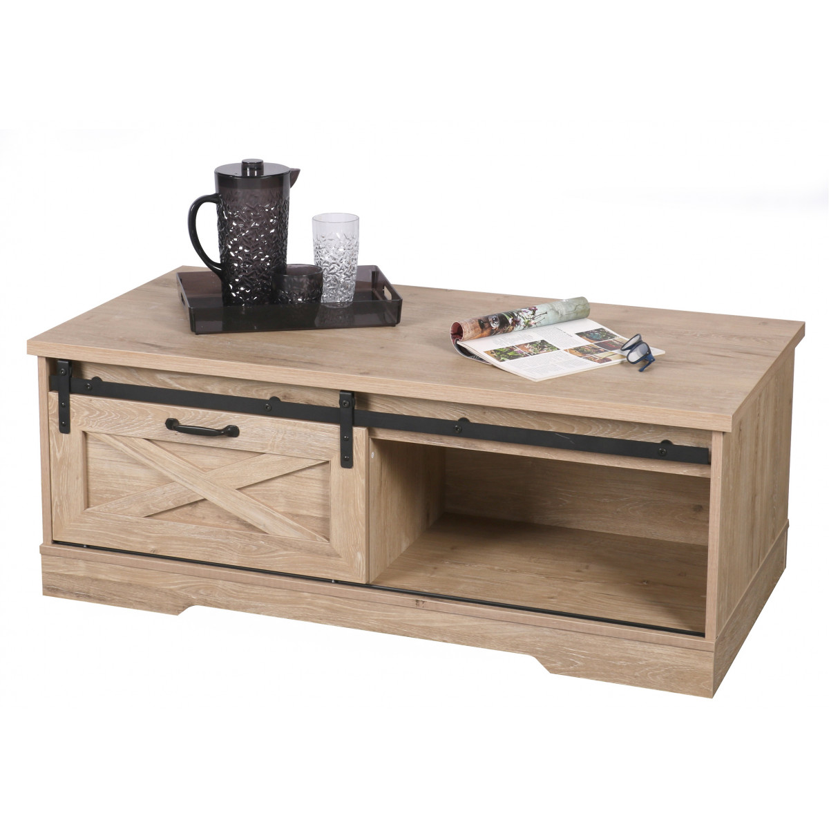 Table Basse en Bois et Métal avec Porte Coulissante - Manhattan bois, WADIGA
