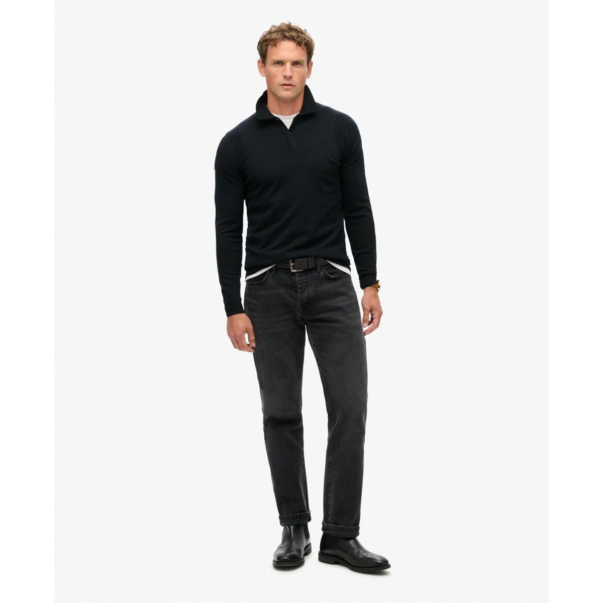 Pull Polo à Manches Longues en Laine Mérinos noir, SUPERDRY