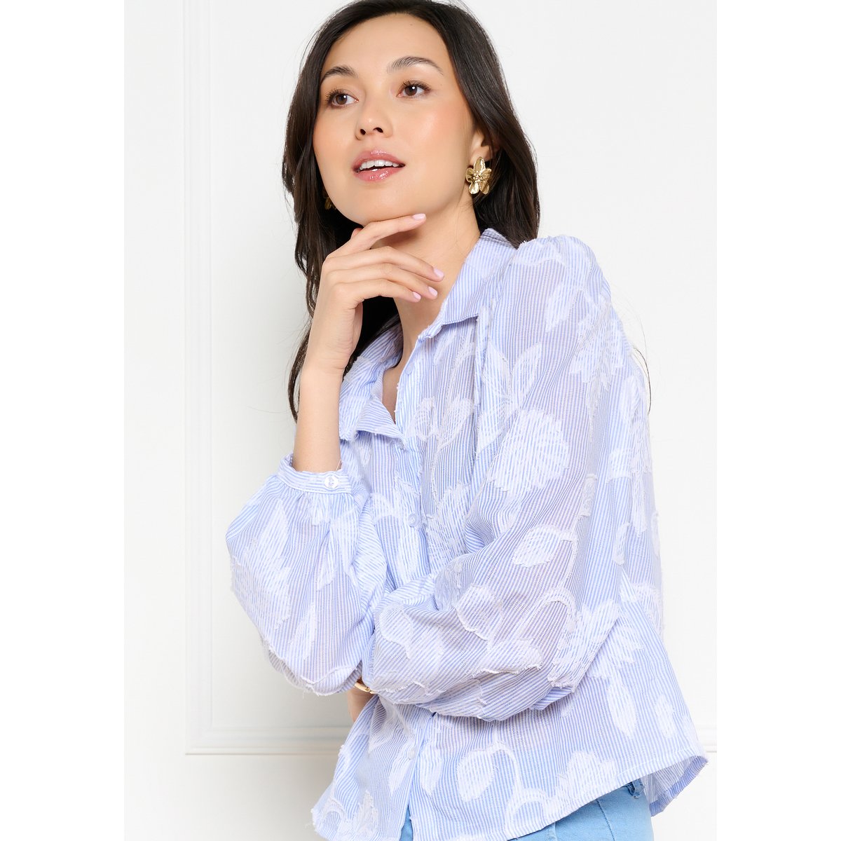Chemise rayée détails jacquard bleu pastel, LOLALIZA