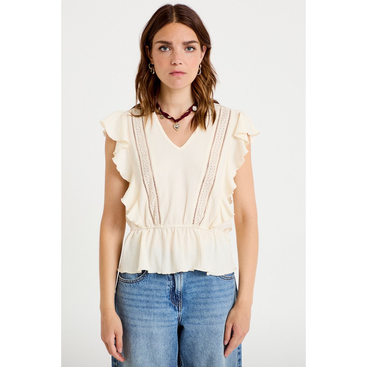 Blouse col rond manches courtes dentelle ecru, CACHE CACHE