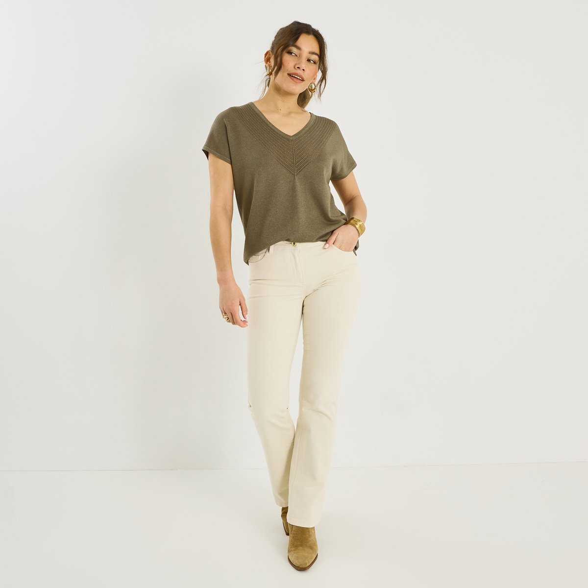 Pull brillant manches courtes vert kaki, GRAIN DE MALICE
