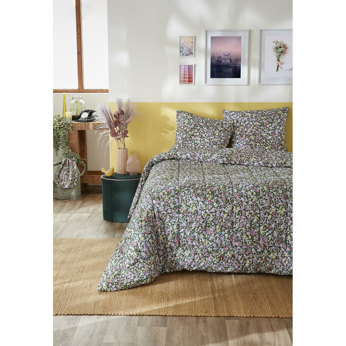 Couette coton imprimee Myosotis fleurie vert, EDEN