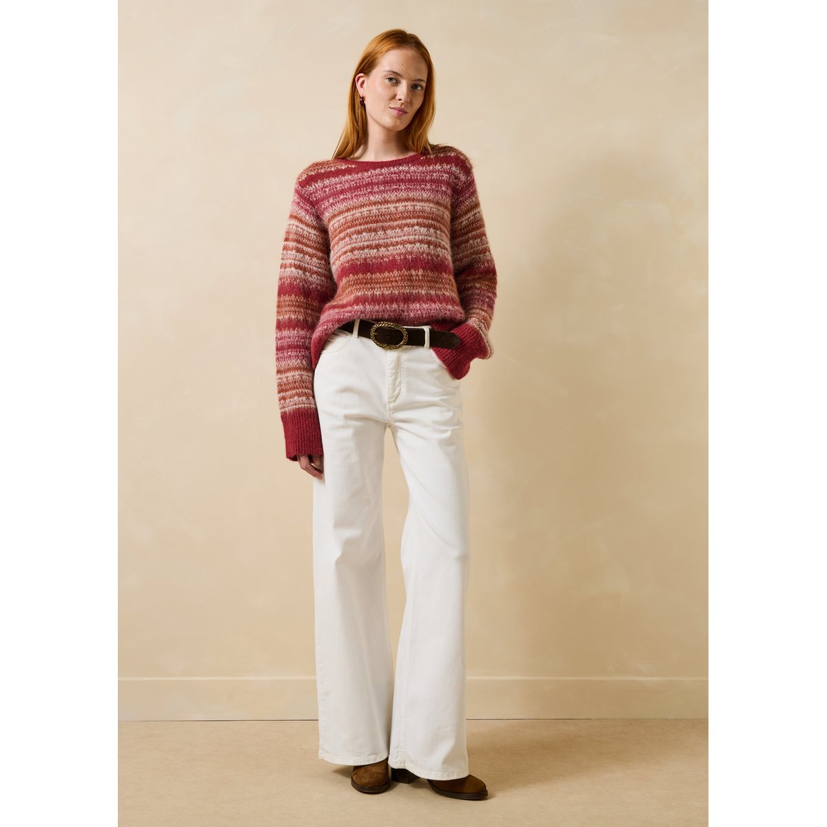 Pull manches longues en jacquard col rond brique, LA FEE MARABOUTEE