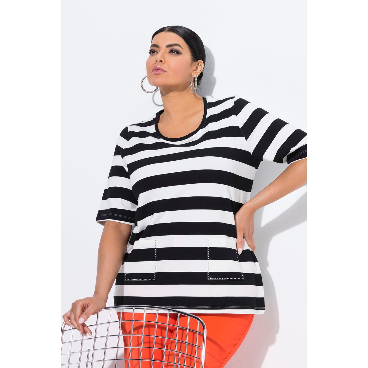 T-shirt rayé avec poches noir, ULLA POPKEN