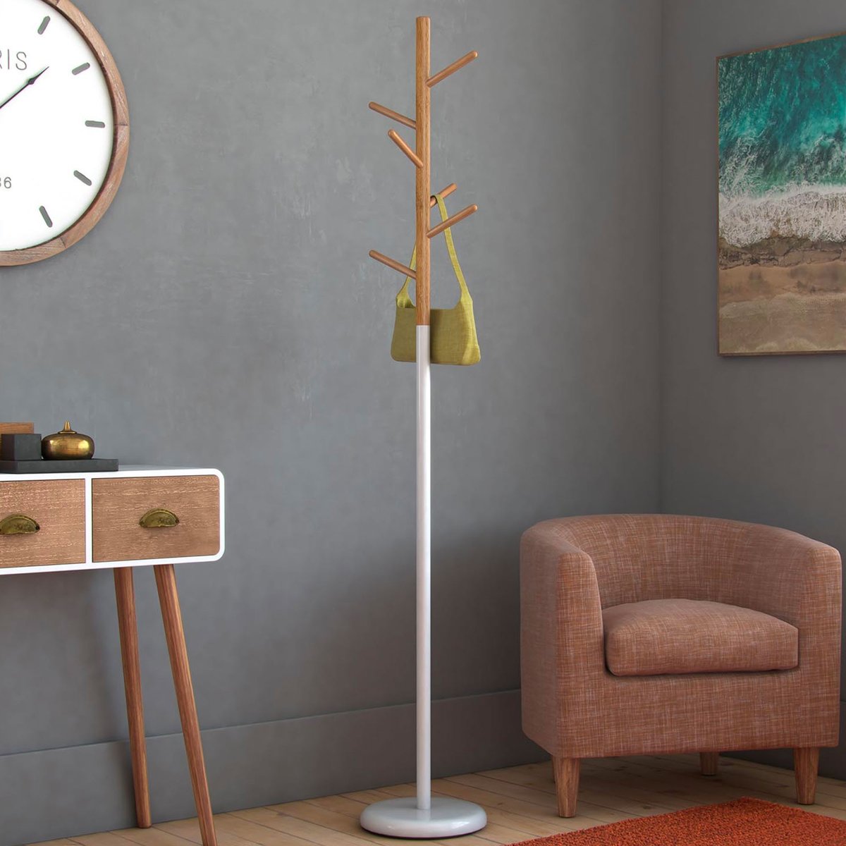 Porte-manteau sur pied rond blanc et bois 28x28x171cm blanc, VERSA