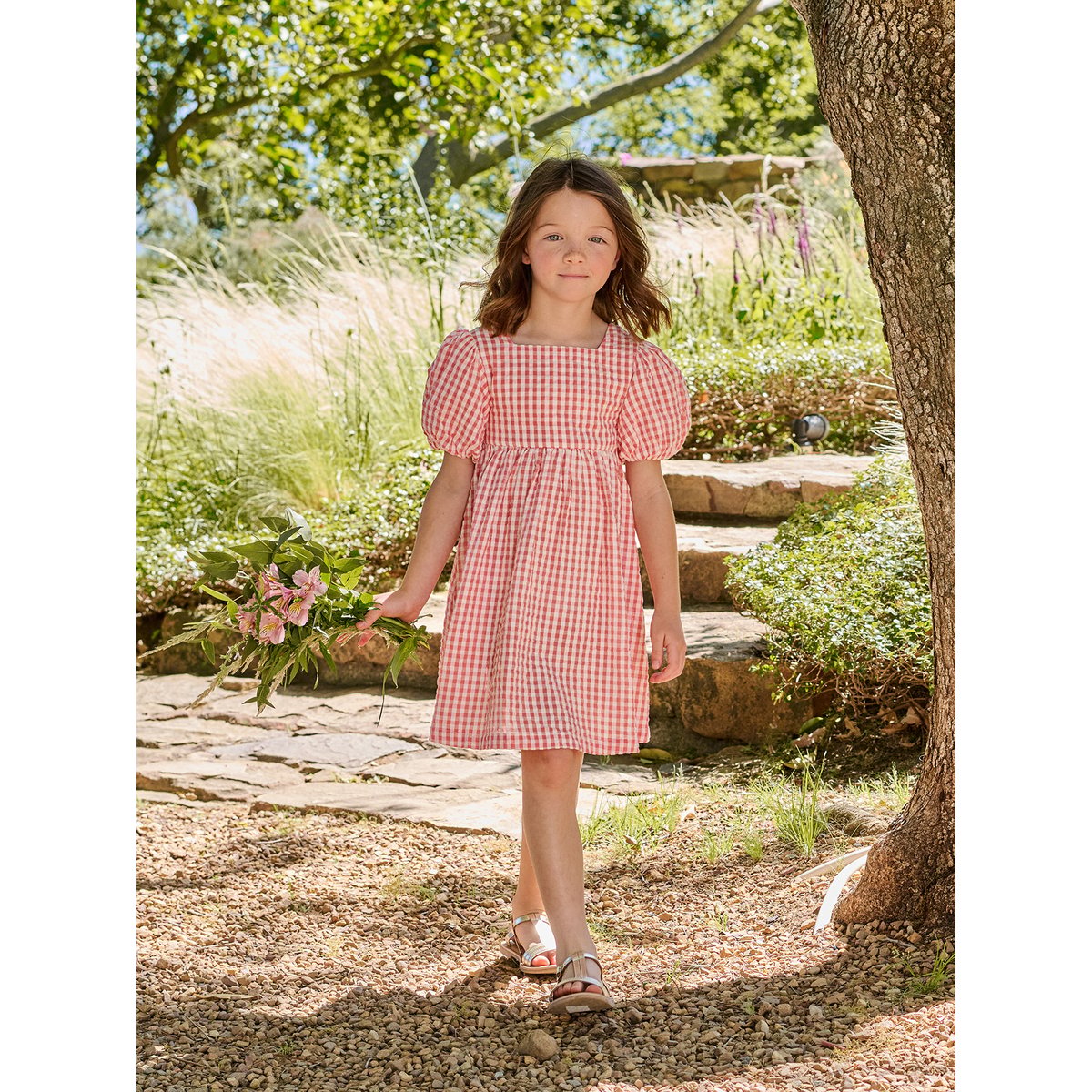Robe Vichy noeuds dos corail, VERTBAUDET