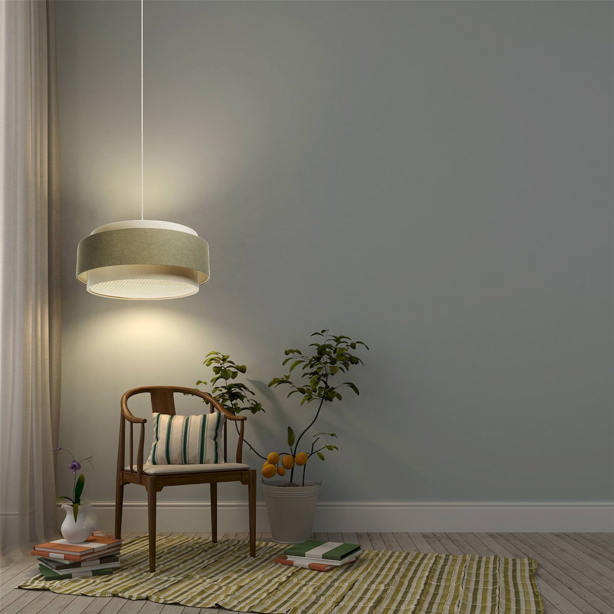 Suspension en tissu et rotin, BOHO ELEGANT beige crème et rotin naturel, BPS KONCEPT