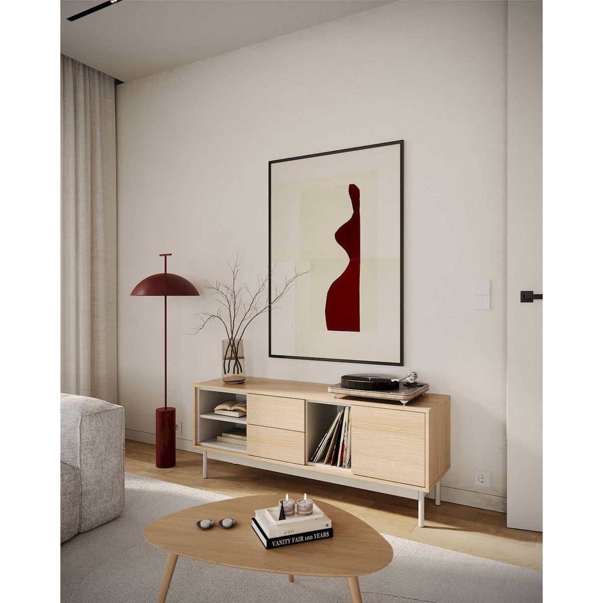 Meuble tv LAYEN 1 porte 2 tiroirs effet chêne lindberg et beige cachemire, RECOLLECTION