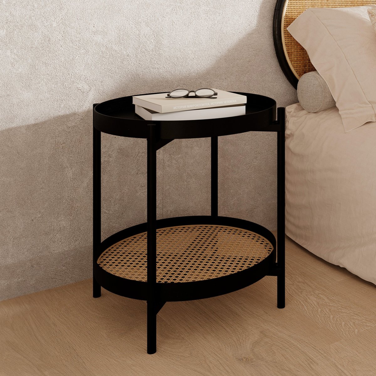 Table basse en cannage de mindi D49 cm - LUKUT noir, MAISON PAVANE