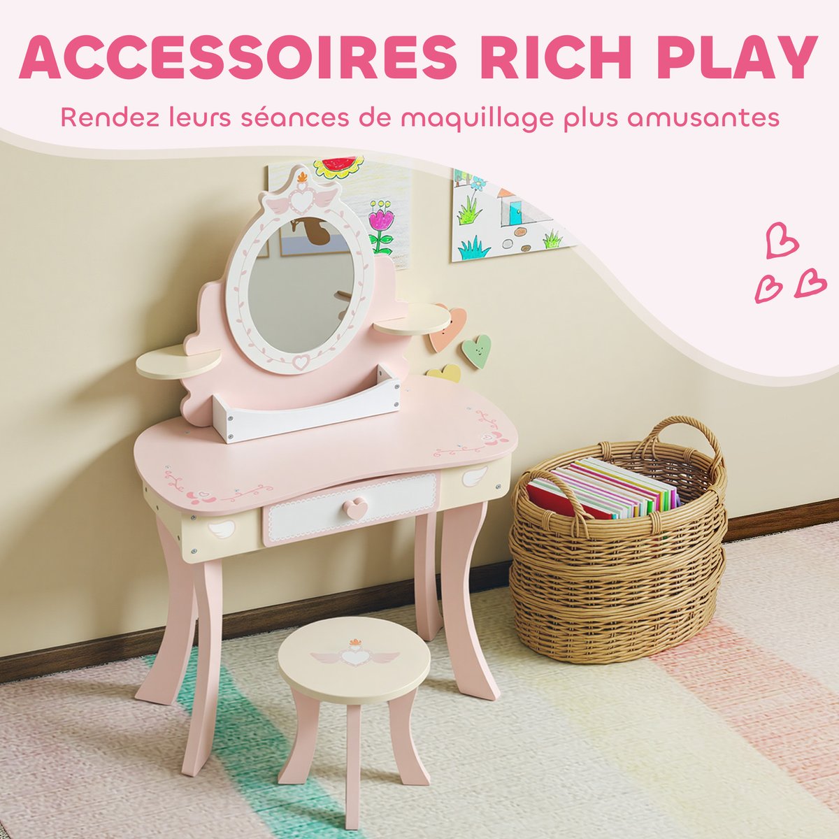 Ensemble de jeu « Coiffeuse pour enfants » rose avec motif cœur et ailes, AIYAPLAY
