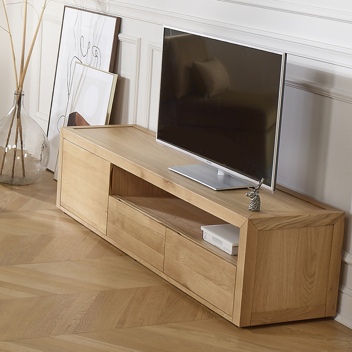 Meuble TV contemporain en chêne, 2 tiroirs, 1 porte CAMILLE beige, ROBIN DES BOIS