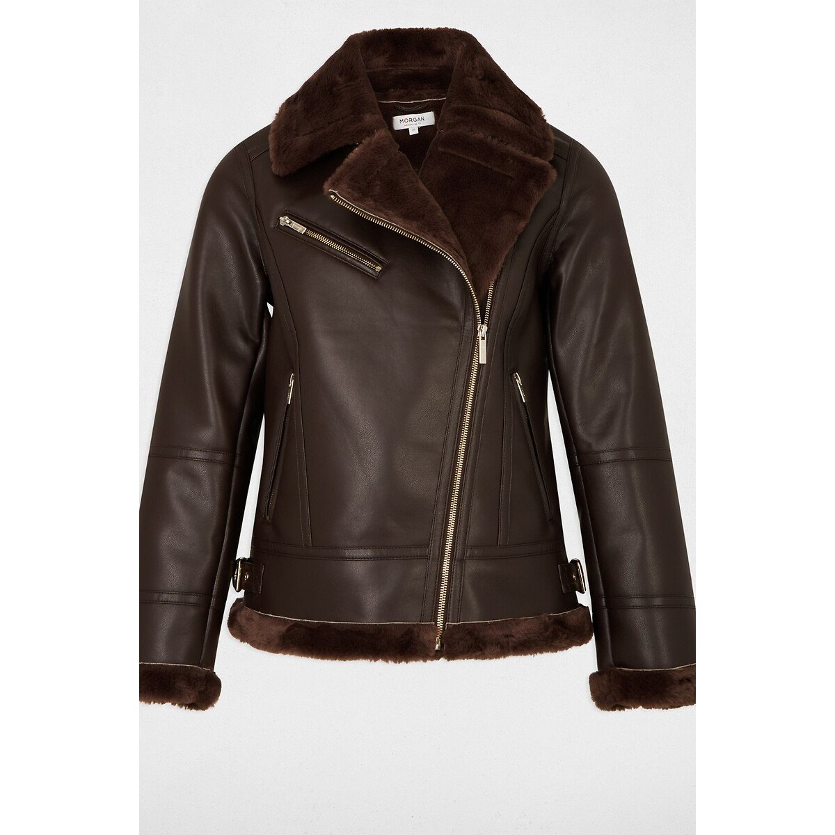 Blouson oversize similicuir café, MORGAN