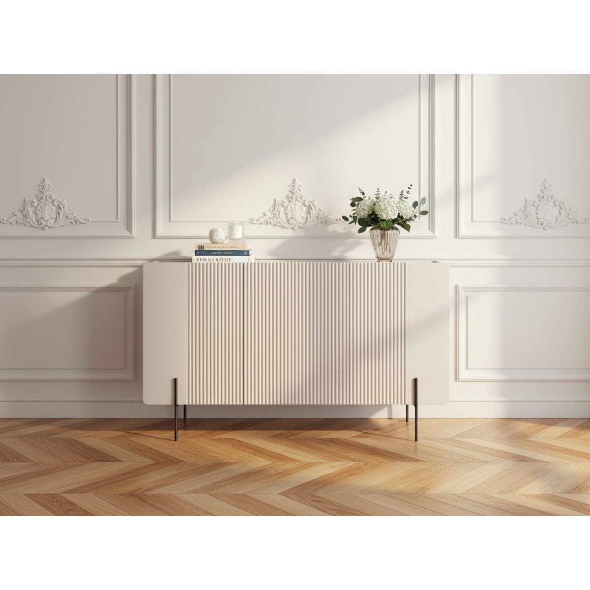 Buffet bas en panneaux de particules et MDF 4 portes 150 cm, MATHILDE beige, BOBOCHIC