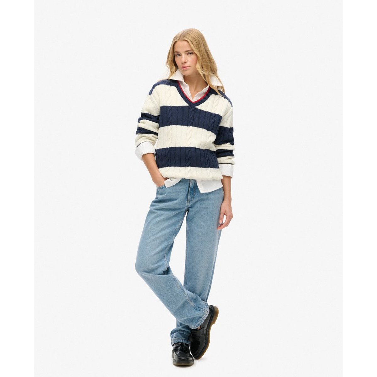 Pull oversize torsadé et rayé à col V rayé bleu marine profond, SUPERDRY