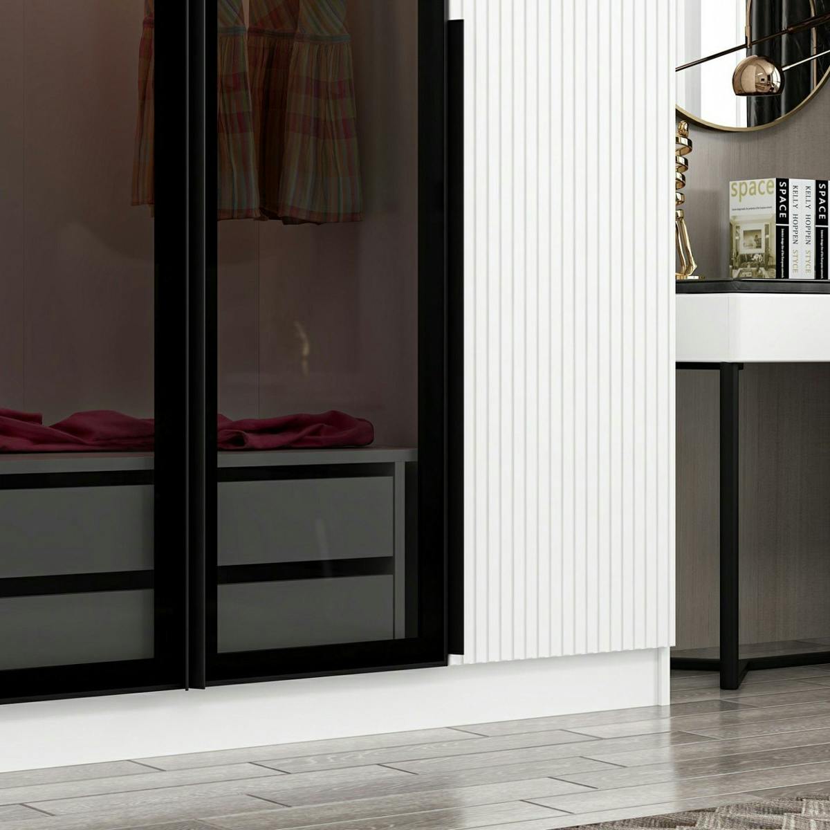 Armoire penderie blanche rainurée, 2 portes verre 225 cm BYRON blanc, PIER IMPORT