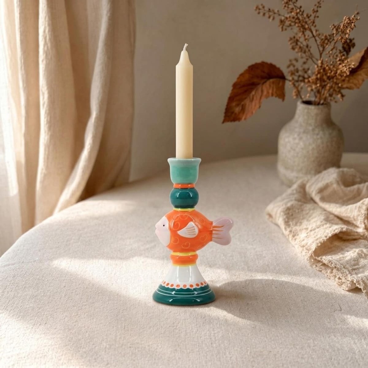 Bougeoir poisson et en céramique 18cm bleu, ORNAMI