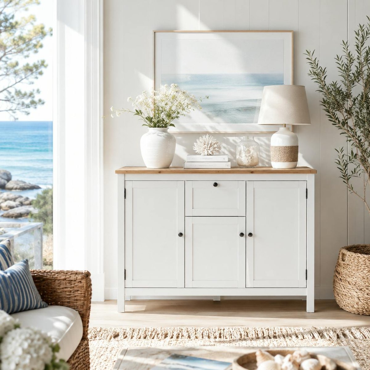 Buffet haut 3 portes 1 tiroir campagne chic VENZA blanc, PIER IMPORT