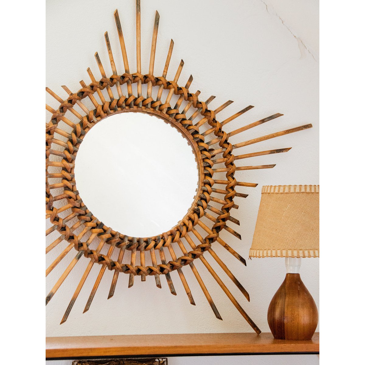 Miroir soleil en rotin Igor N°720 - Bon état bois, DEBONGOUT