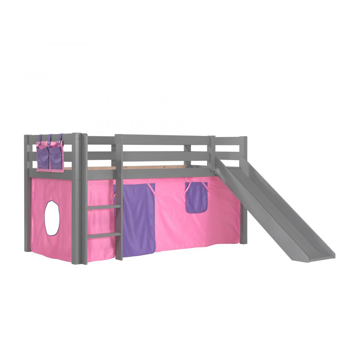 Lit Enfant Surélevé Avec Toboggan Pino + Rideau de lit Bella couleur unique, VIPACK