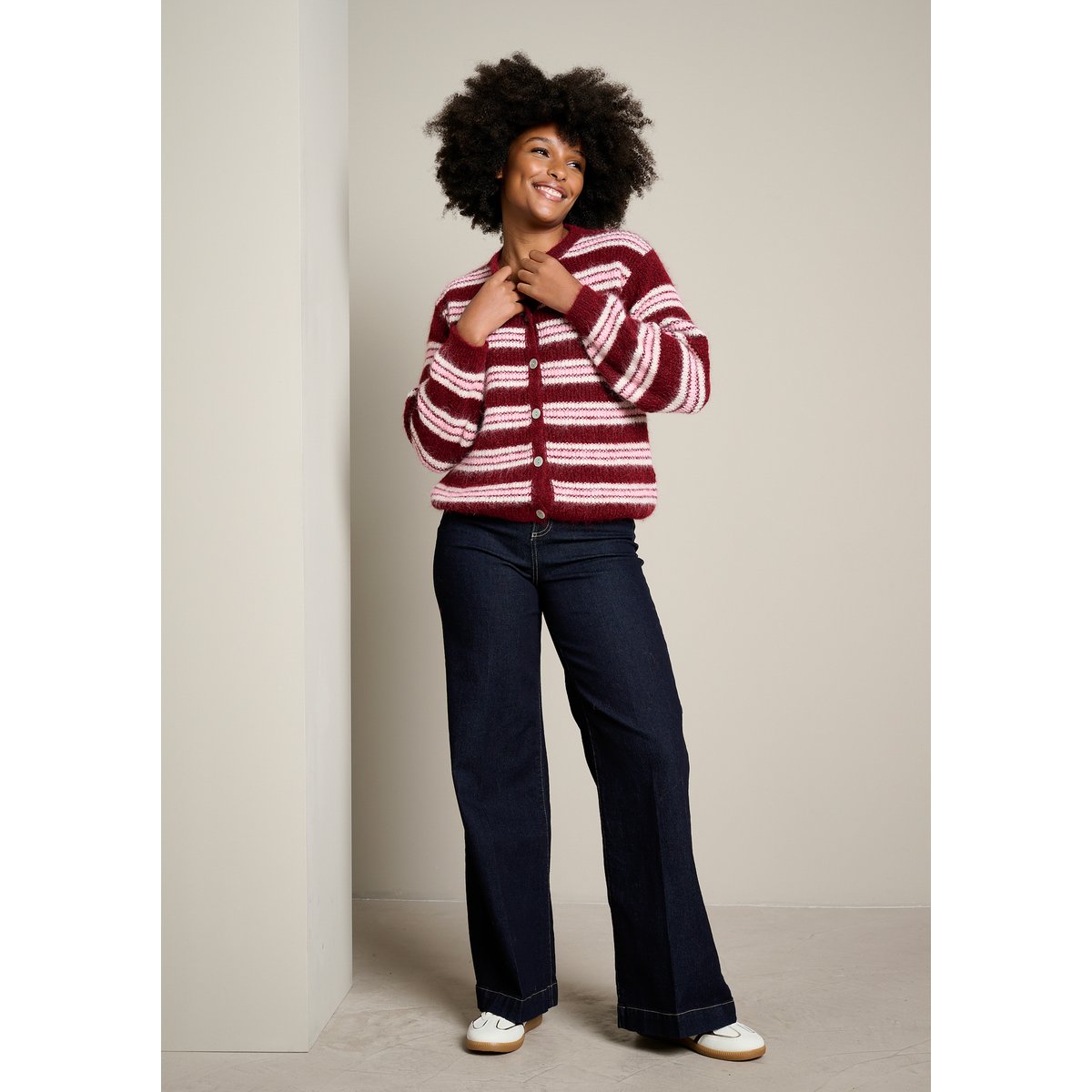 Gilet rayé en maille douce bordeau wine, LOLALIZA