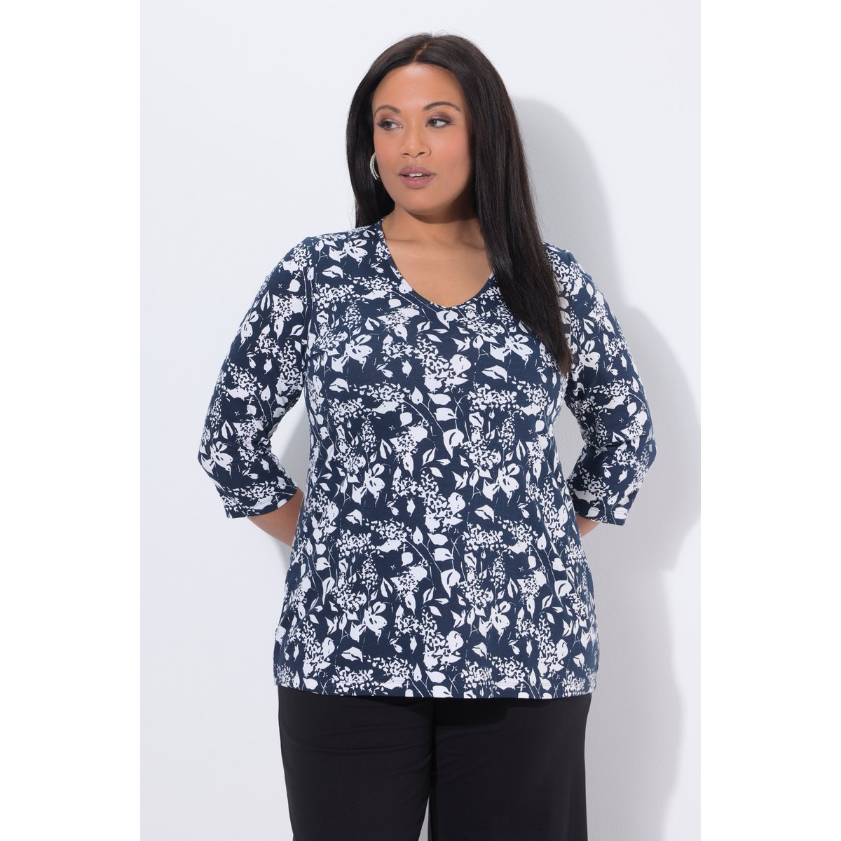 T-shirt motif à fleurs, coupe évasée marine, ULLA POPKEN