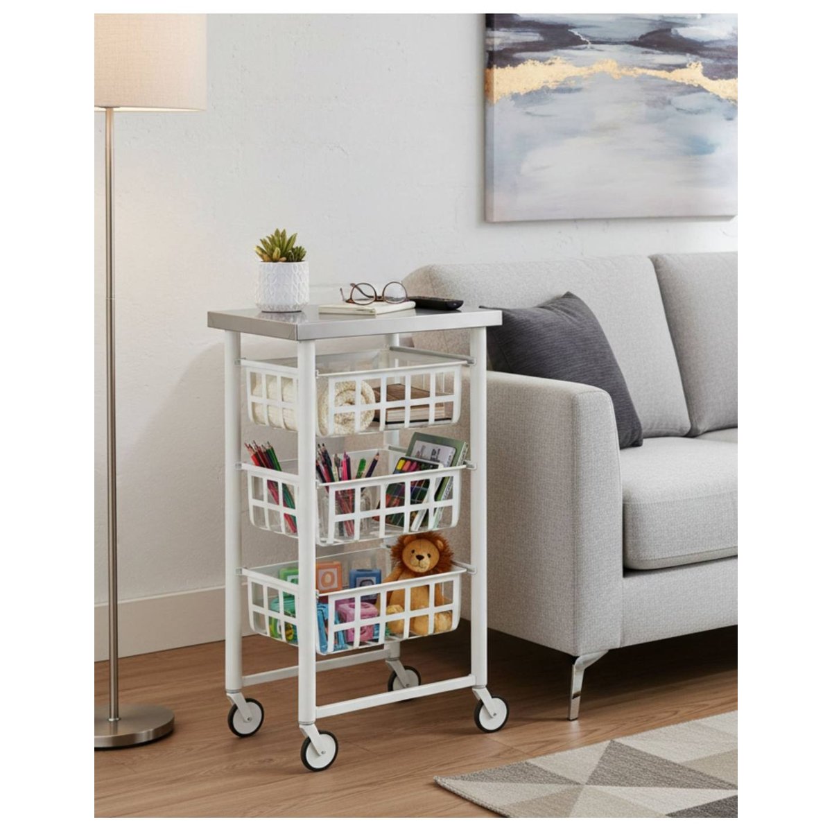 Desserte de rangement FIFTY-FIFTY - 3 paniers en métal et plateau en acier inoxydable blanc - inox, DON HIERRO