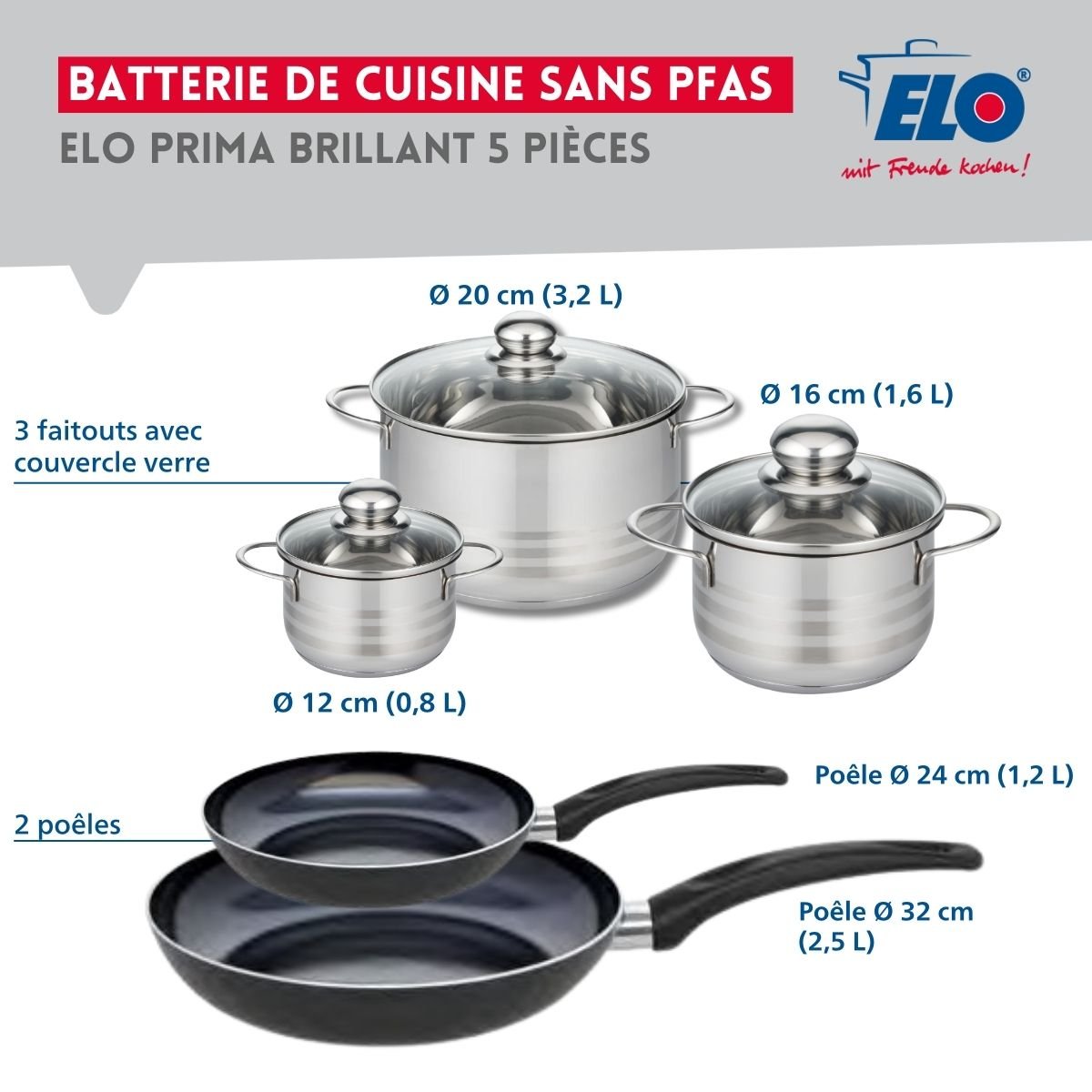 Batterie 2 poêles 24/32cm + 3 faitouts 12/16/20cm PRIMA BRILLANT noir, ELO