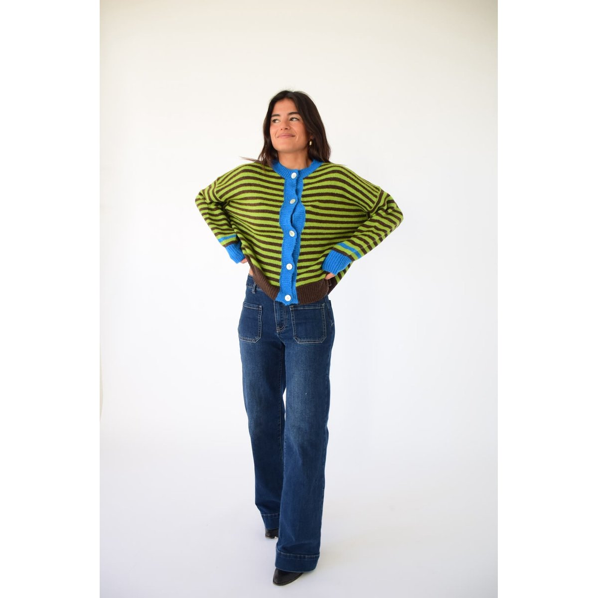 Gilet rayé en maille TESSA vert lime / marron, MINDTRAVELER