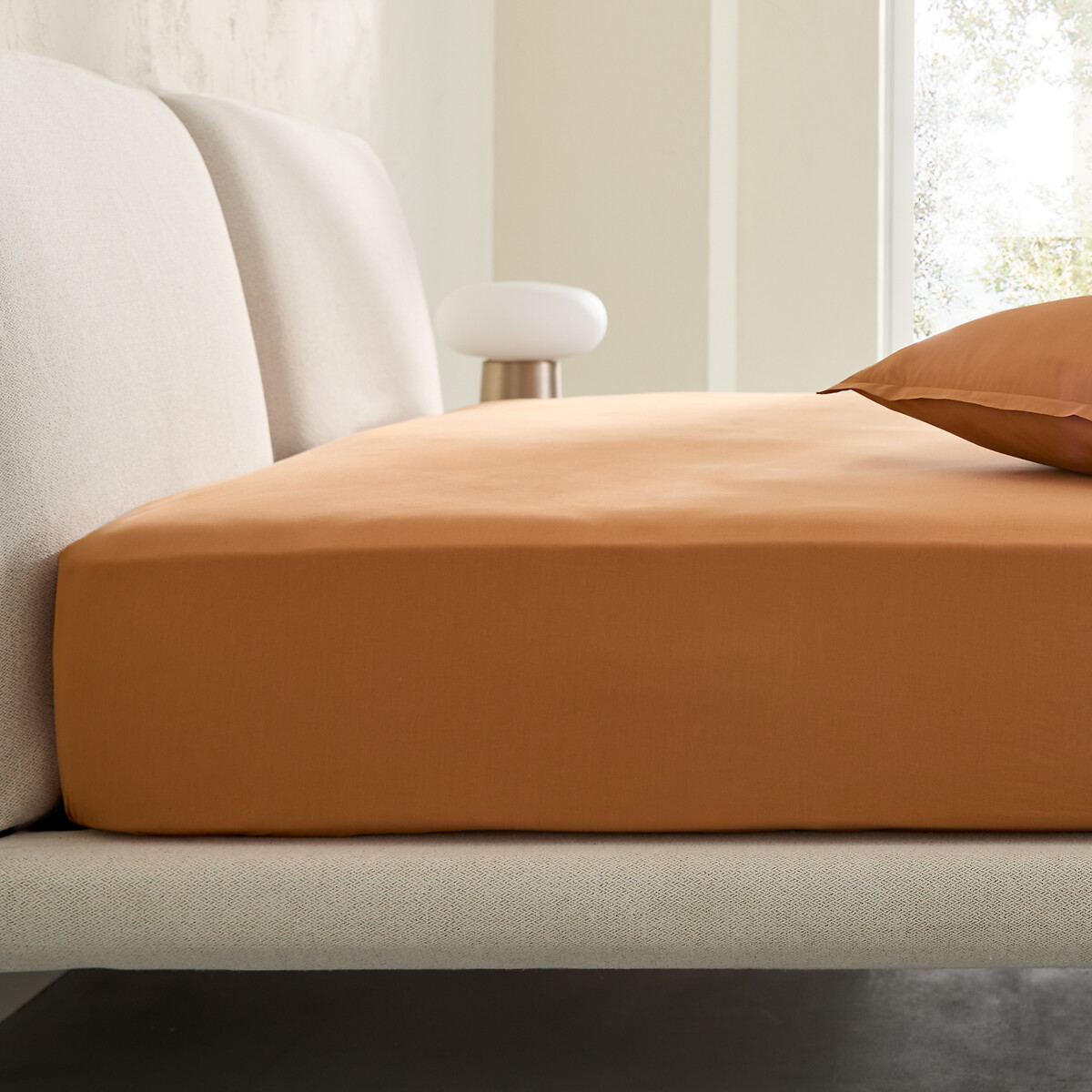 Drap-housse percale de coton lavé 120 fils, bonnet 30 cm, SABBAL speculoos, AM.PM