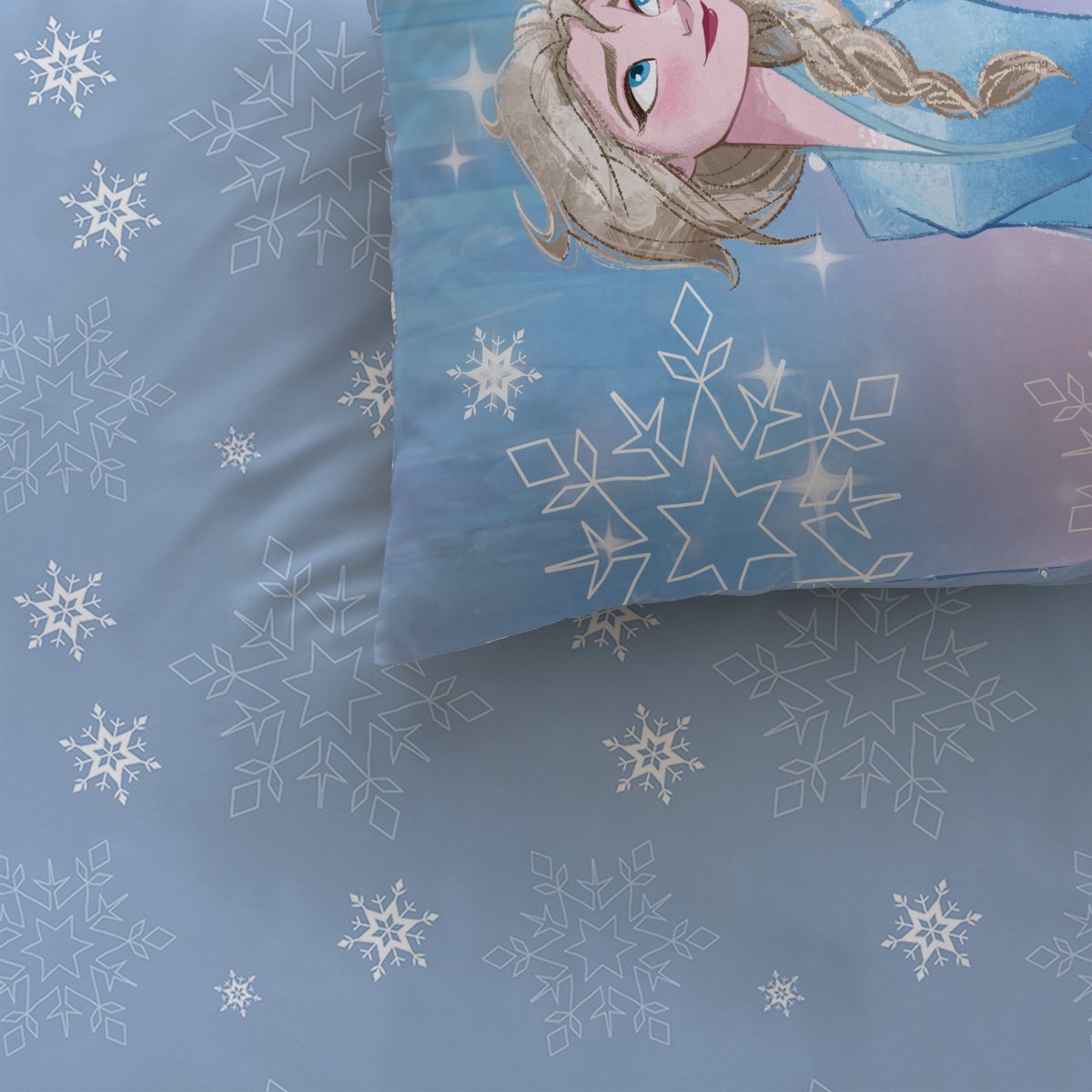 Parure de lit imprimée 100% Coton, FROZEN FROZENIA bleu, DISNEY LA REINE DES NEIGES