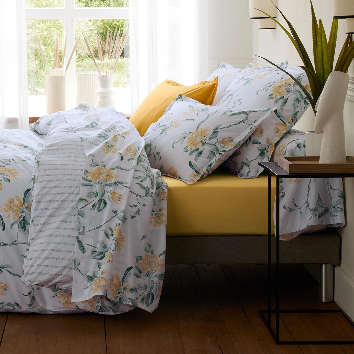 Taie d’oreiller percale de coton floral vert, TRADILINGE