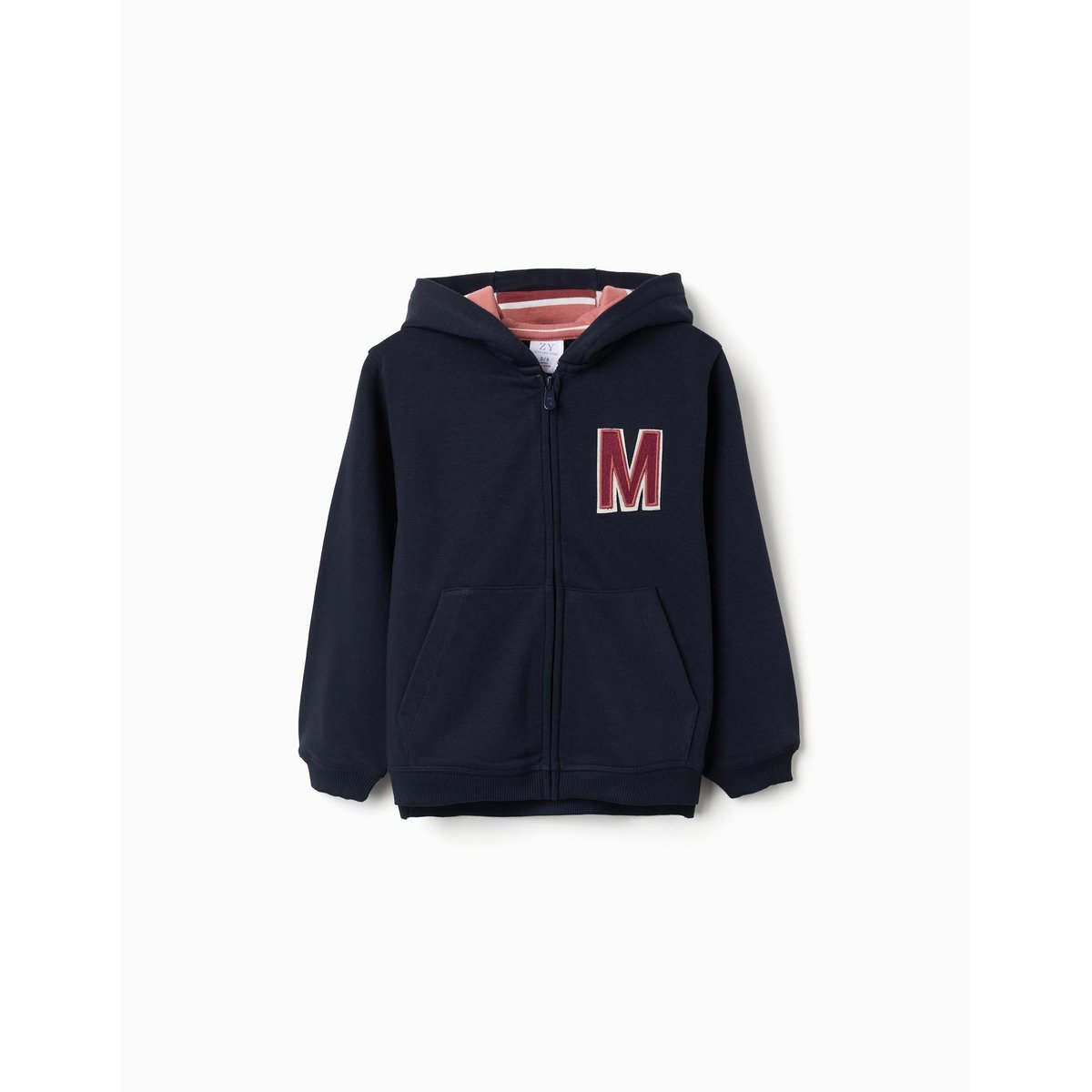 Sweat zippé en molleton à capuche avec M brodé bleu foncé, ZIPPY