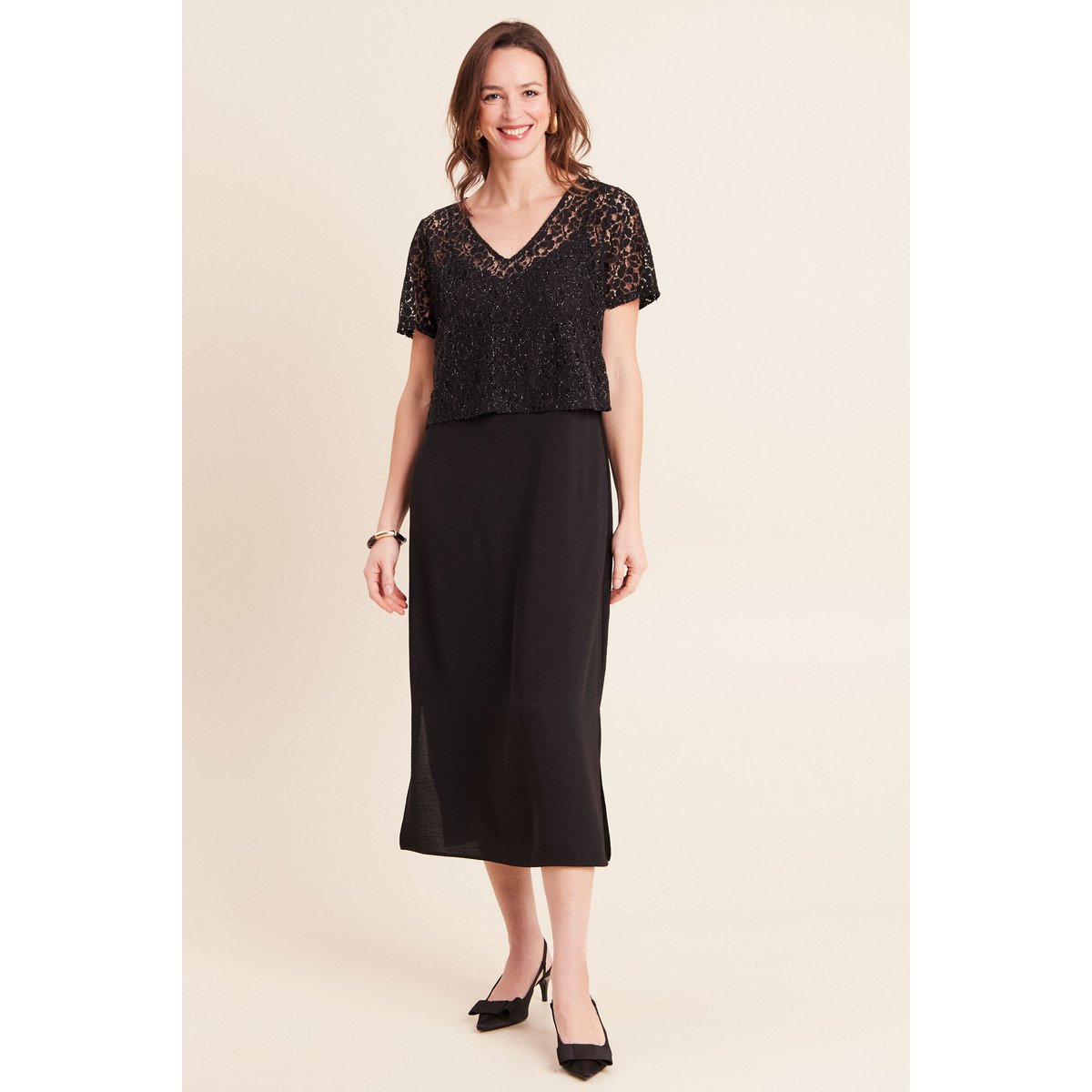 Robe longue évasée 2 en 1 col rond noir, BREAL