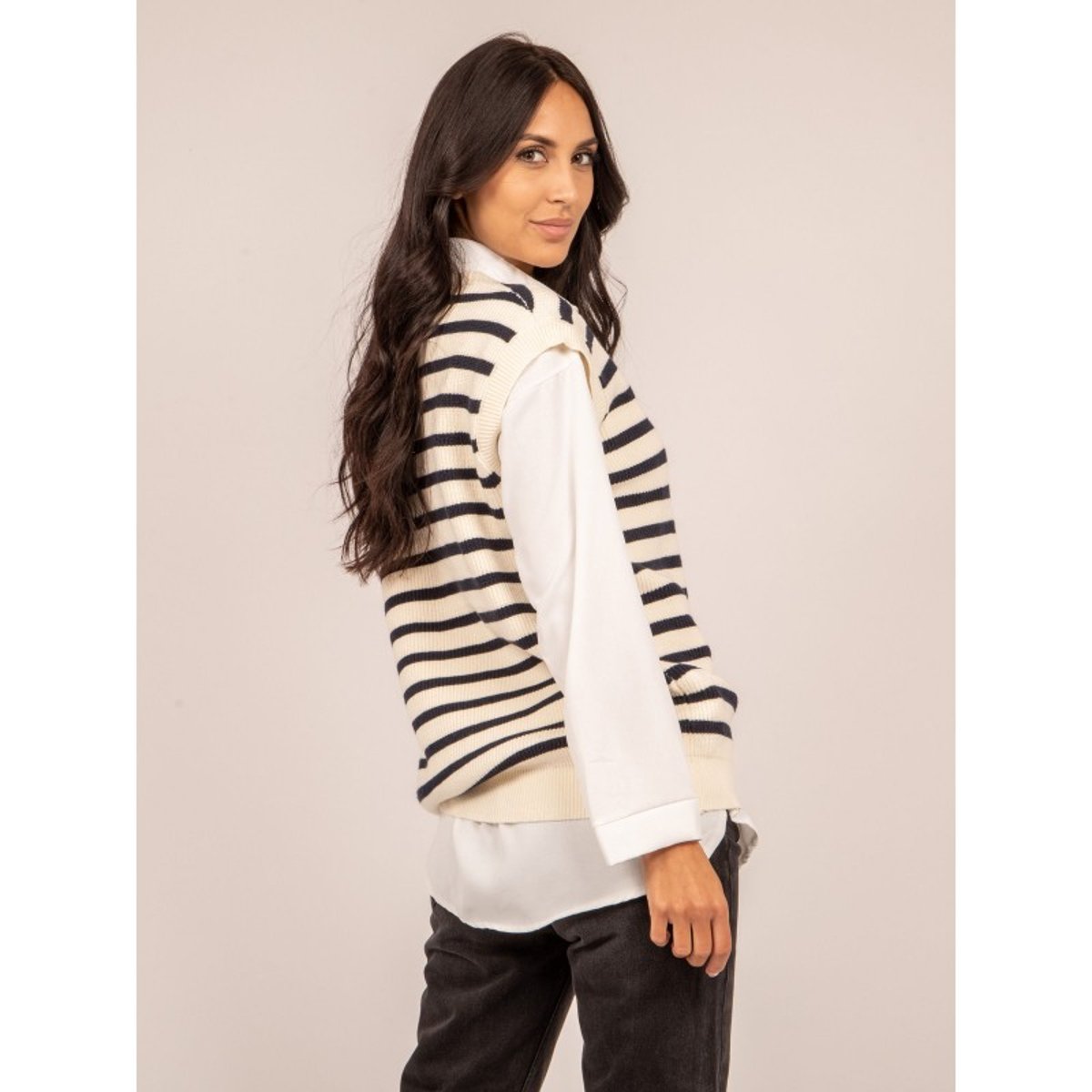 Gilet Sans Manches Rayures Kiliss ecru, DONA LISA