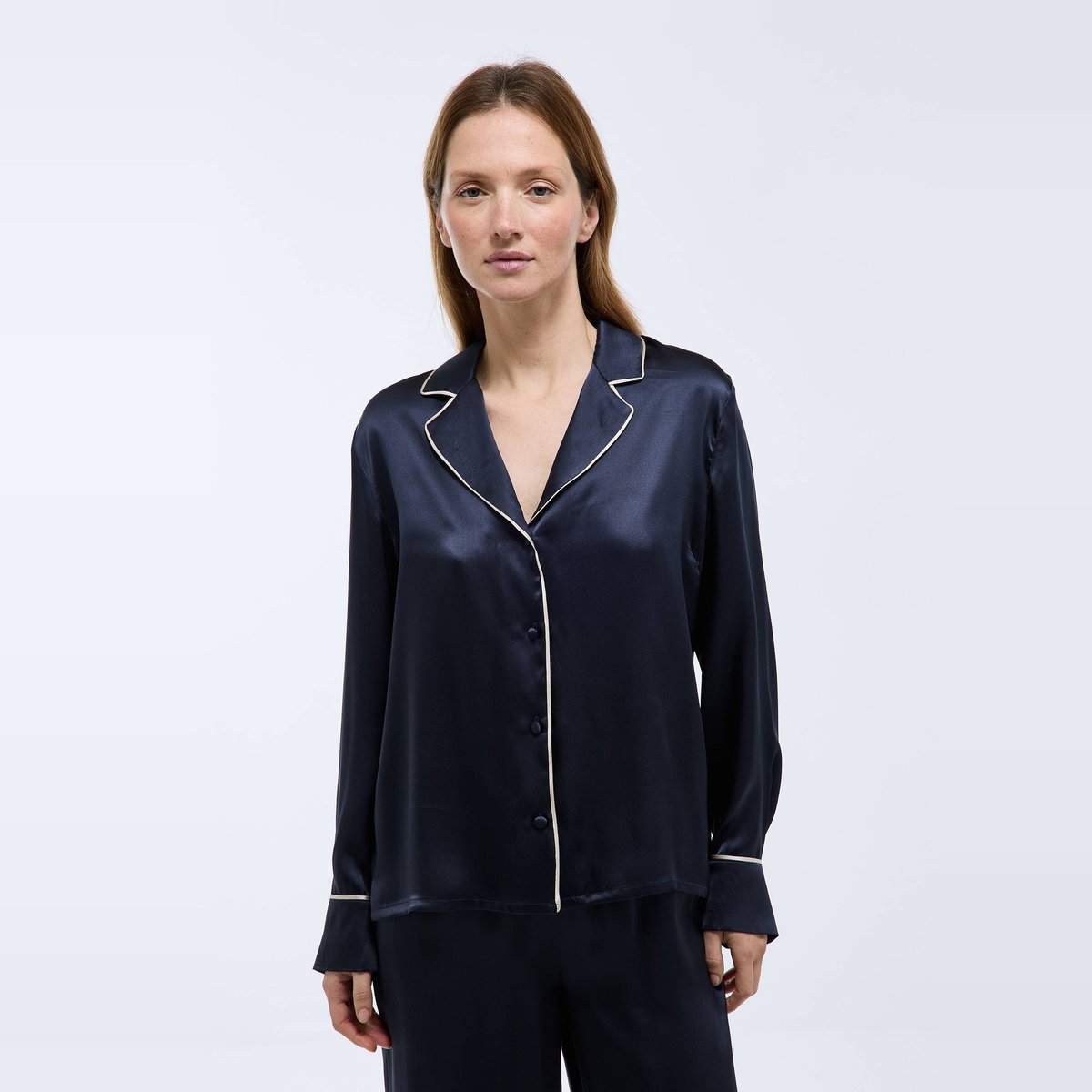 Chemise unie en soie marine, MONOPRIX