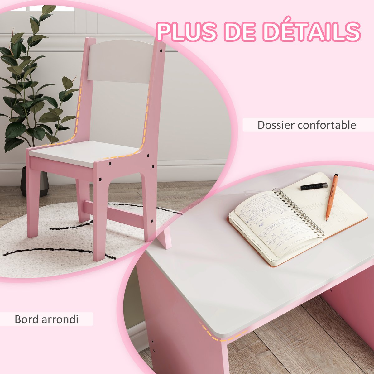 Bureau d'étude pour enfants avec chaise MDF rose et blanc, ZONEKIZ