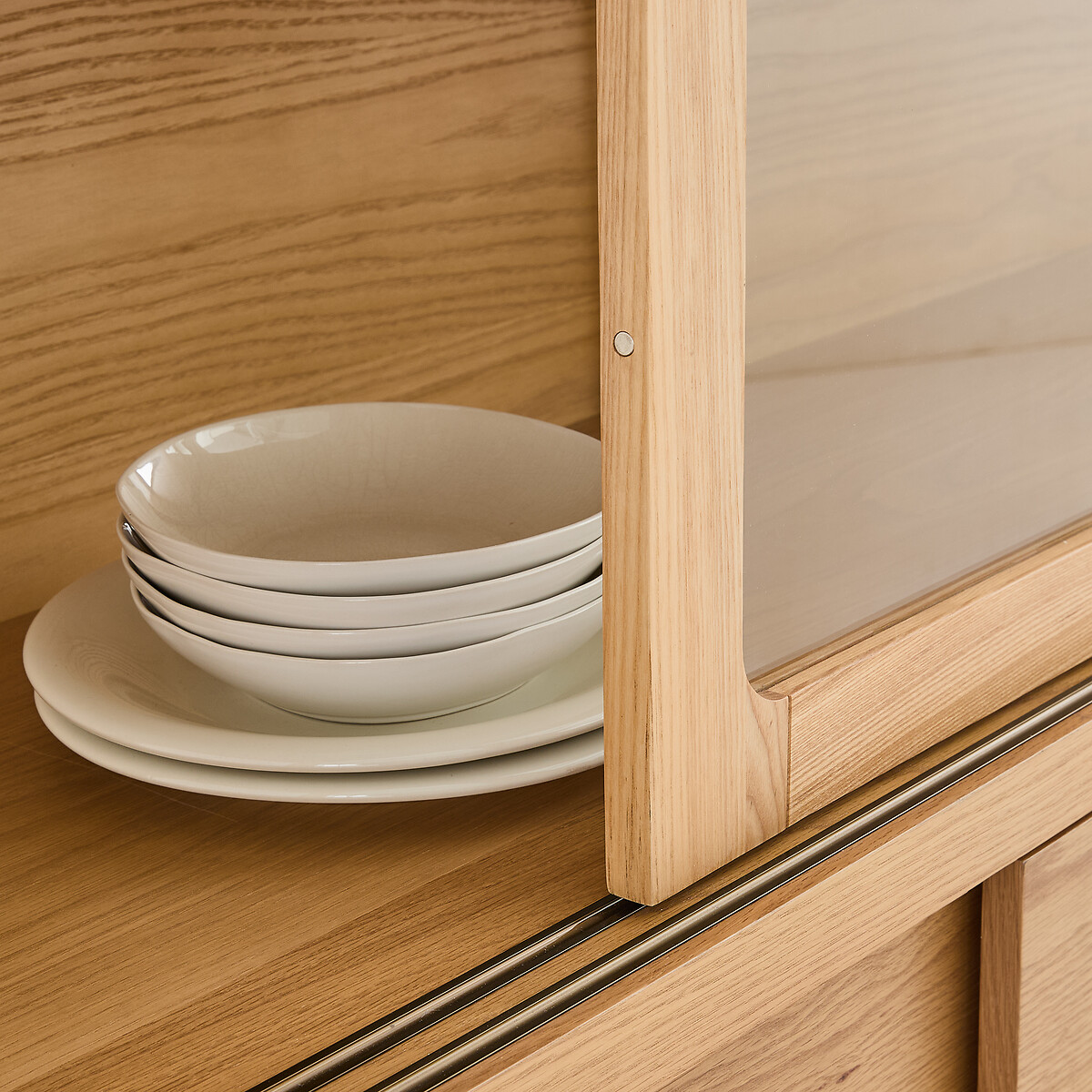 Vitrine en frêne massif et placage chêne, 4 portes, hauteur 180 cm, Tress coloris chêne, LA REDOUTE INTERIEURS
