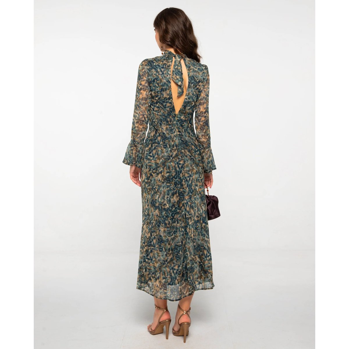 Robe midi imprimée à manches longues et encolure en V avec lacets autre, THE-ARE