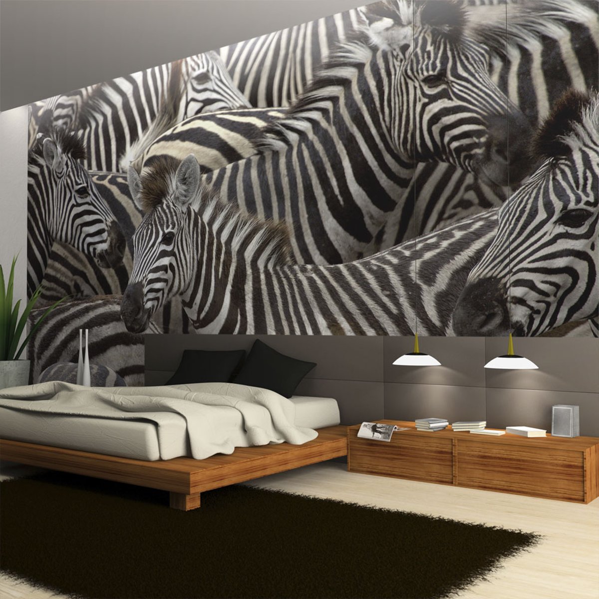 Papier peint intissé panoramique Animaux Troupeau de zèbres gris / argent, EDEN