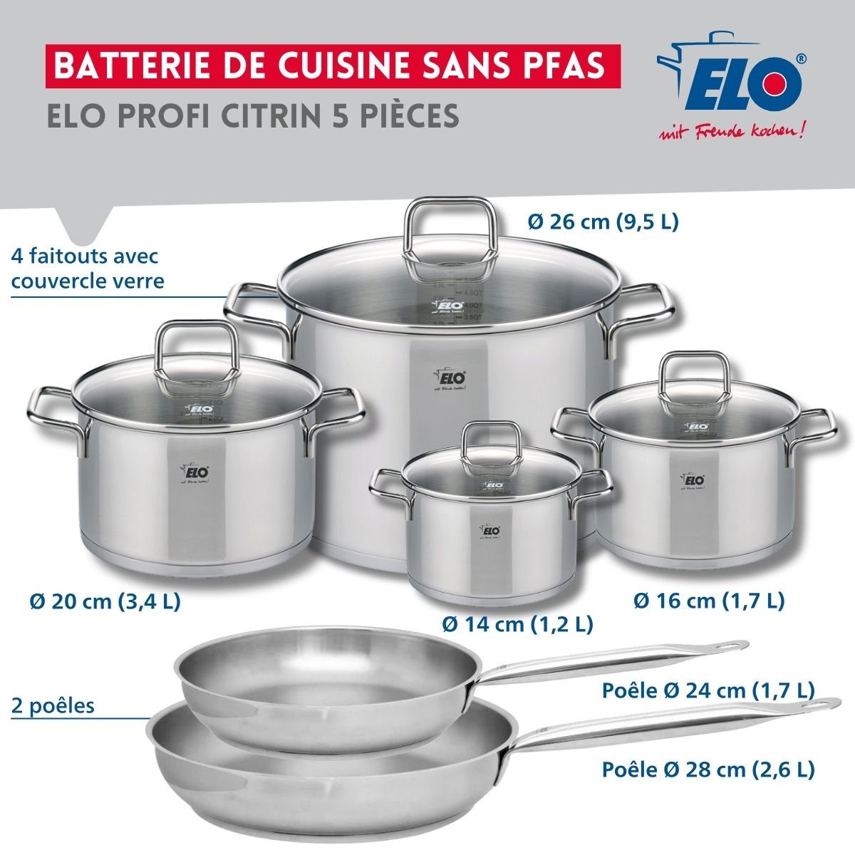 2 poêles 24/28cm + 4 faitouts 14/16/20/26cm PROFI CITRIN gris, ELO