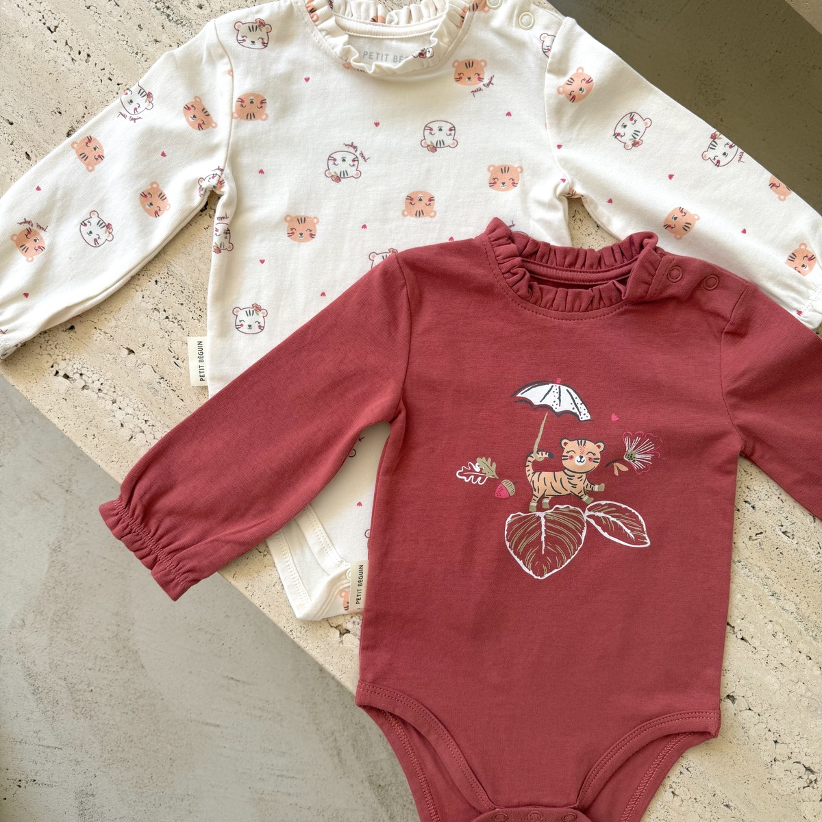 Lot de 2 bodies bébé manches longues Léa rose, PETIT BEGUIN
