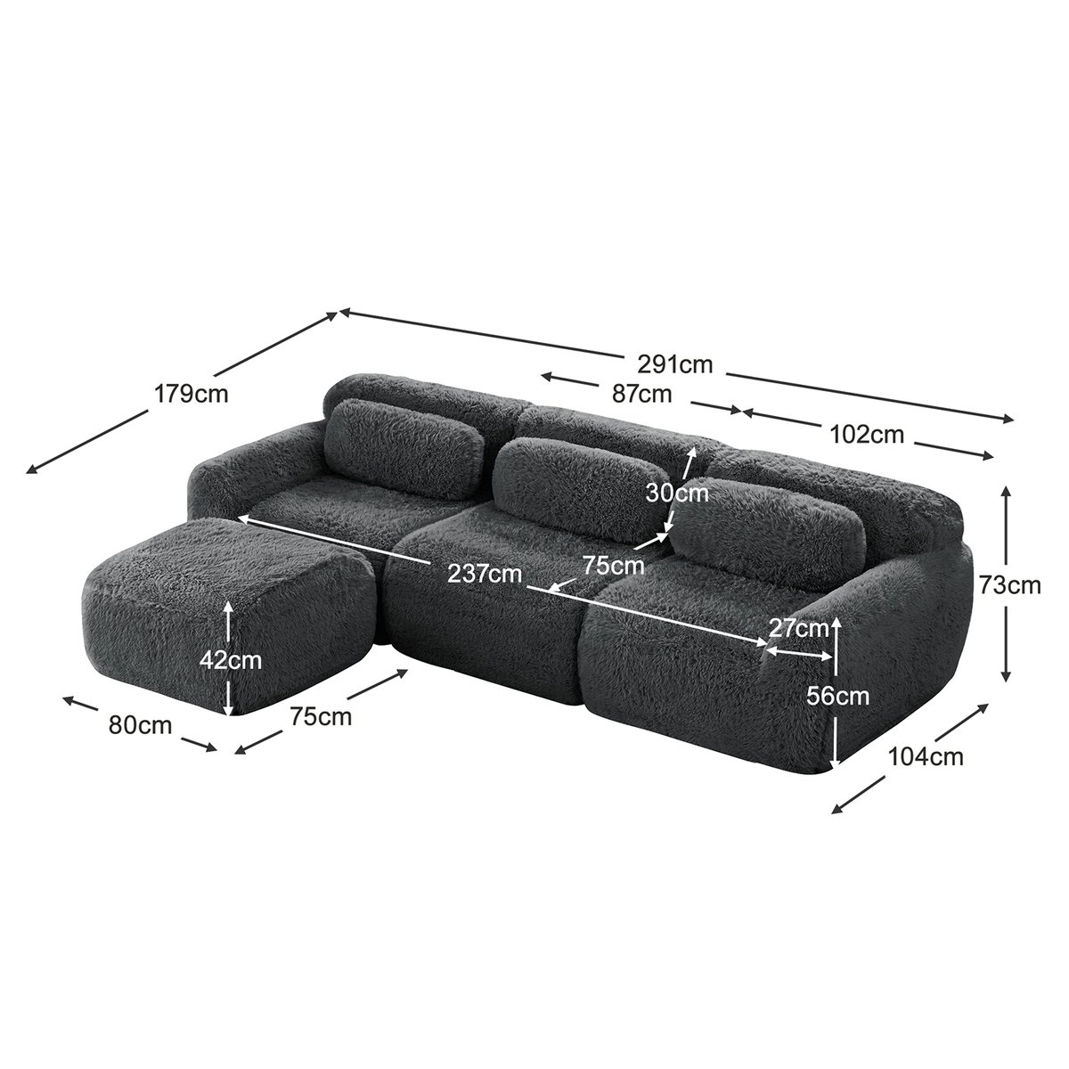 Canapé d'angle réversible 3 places avec pouf, WIND gris charbon, MEUBLES COSY