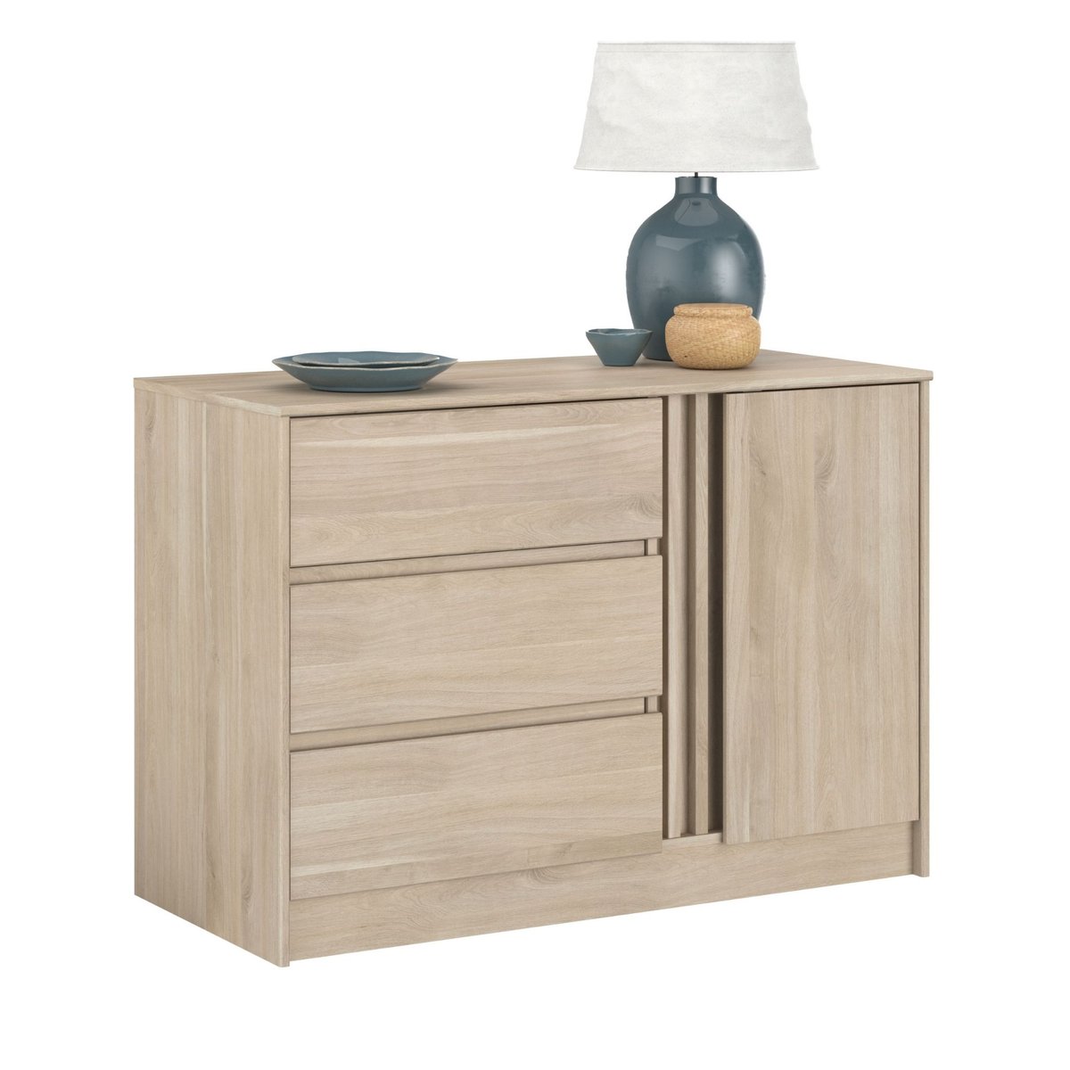 Commode avec 3 tiroirs et 1 porte - CLEM bois naturel, TERRE DE NUIT