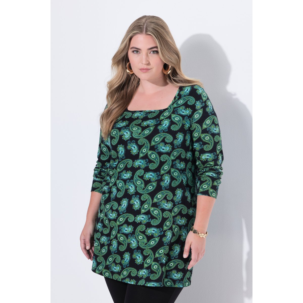 T-shirt long motif cachemire vert pétrole, ULLA POPKEN