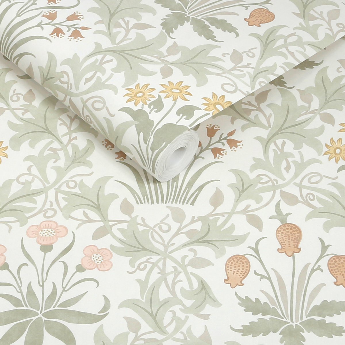 Papier peint fleuri Celandine Spring Peony & Sage beige, vert, rose, WILLIAM MORRIS AT HOME