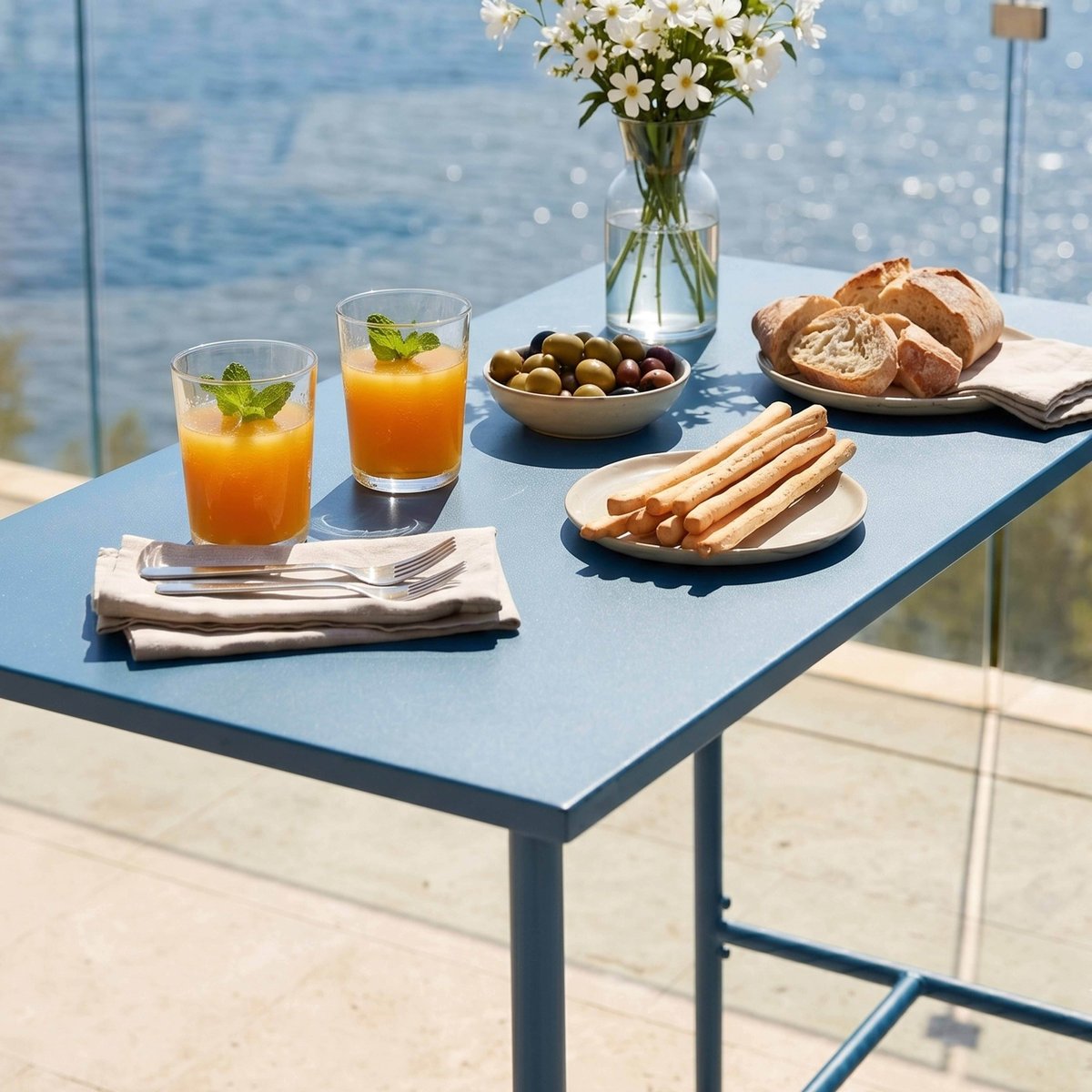 Table de jardin haute en acier, PALAVAS bleu pacific, OVIALA