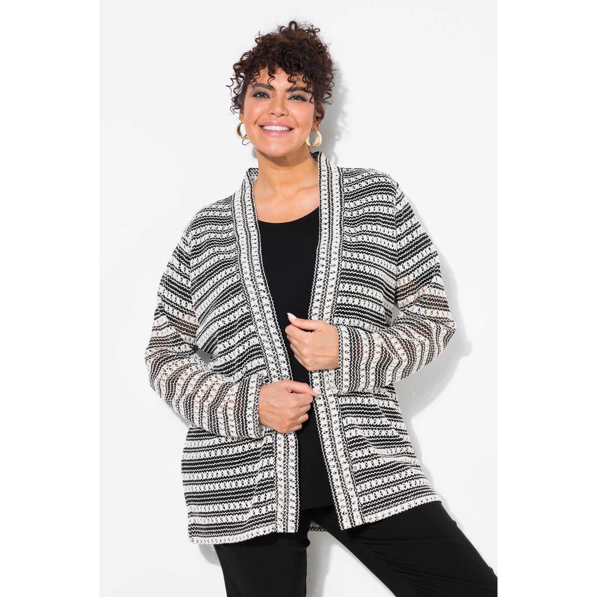Cardigan à rayures. Coupe ouverte et manches noir, ULLA POPKEN