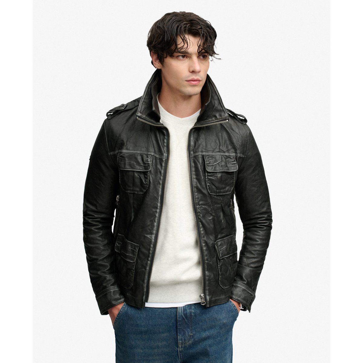 Veste Brad Faux Cuir Militaire Coupe Décontractée noir, SUPERDRY